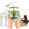 Hands holding Earth with scales, dove, and legal symbols